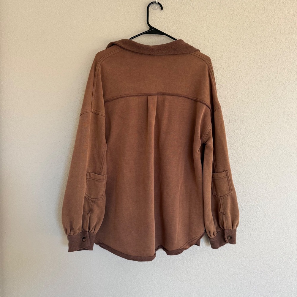 POL Brown Mineral Wash Oversized French Terry Button Down Shacket Medium Boho - Picture 2 of 6